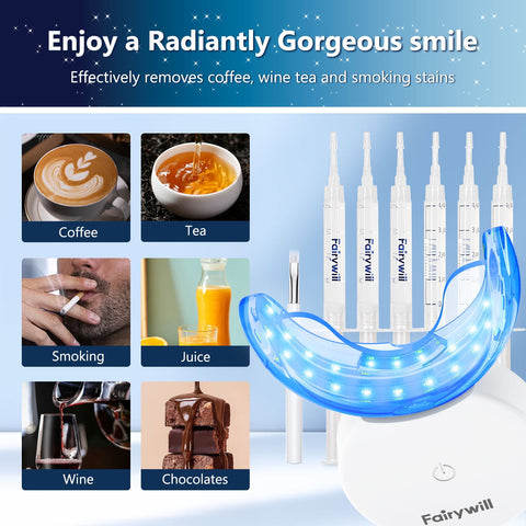 Fairywill Teeth Whitening Kit,24 Blue LED Light with 6*3ml 22% Carbamide Peroxide Teeth Whiten Gel, Built-in timer Gentle and Non-irritating Whiter, Suitable for Beginners or Sensitive Teeth
