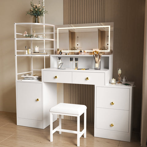 Eunon Large Vanity Desk with Mirror,Power Strip & Stool,3 Color Modes & Adjustable Lighting,Storage Shelves & 5 Drawers,White