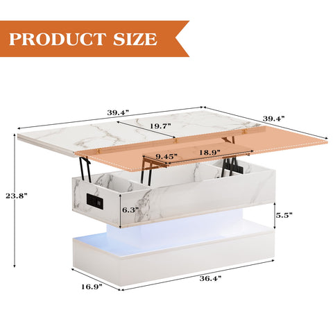 ERYTLLY Lift Top Coffee Table with Charging Station, Modern High Glossy LED Coffee Table with Storage, 3 in 1 Multifunctional Coffee Table with Hidden Compartments for Living Room, White