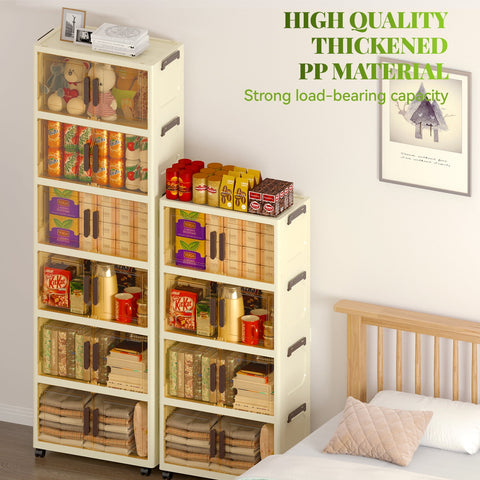 Keenstone 4 Tier Foldable Plastic Storage Bins with Lids, Clear Doors and Wheels, Stackable Modular Closet Organizer