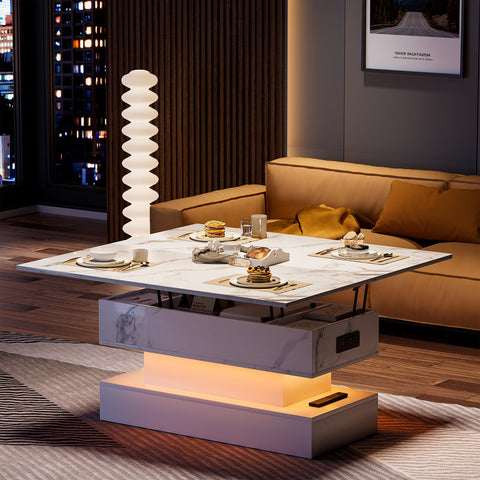 ERYTLLY Lift Top Coffee Table with Charging Station, Modern High Glossy LED Coffee Table with Storage, 3 in 1 Multifunctional Coffee Table with Hidden Compartments for Living Room, White