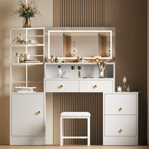 Eunon Large Vanity Desk with Mirror,Power Strip & Stool,3 Color Modes & Adjustable Lighting,Storage Shelves & 5 Drawers,White