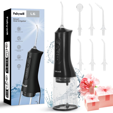 Fairywill Cordless Water Flosser, Dental Oral Irrigator 300ML Electric Teeth Cleaner, 4 Modes, 50 Days Use, IPX7 Waterproof, 6 Tips Rechargeable Water Dental Picks for Teeth Cleaning, Black
