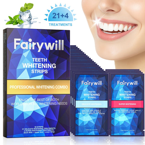 Fairywill Teeth Whitening Strip Kits,21 Strips for Sensitive and 4 Super Whitenings, 50pcs Strips Available 25 Treatments,Effective Removes Stains, Non-Slip Whiter Gentle and Safe