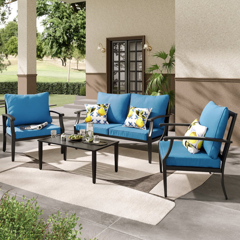 JOYURE 4 pieces Patio Furniture Set w/loveseat,Coffe Table,Outdoor Conversation Metal Sofa with High Back and Thick Cushion,for Backyard,Garden,Peacock blue