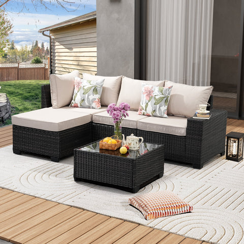 JOYURE Outdoor 5-Piece Wicker L-Shaped Corner, Beige