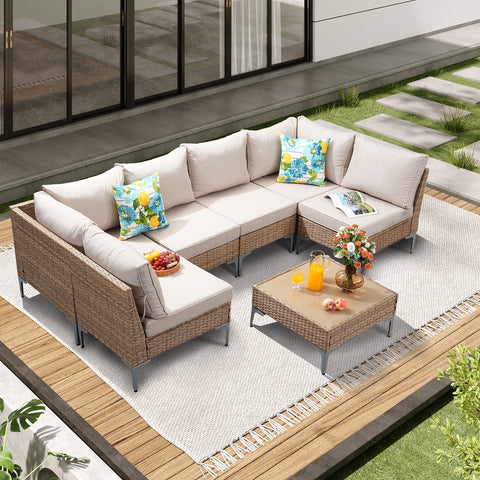 JOYURE 7 Piece Wicker Patio Furniture Set,Outdoor conversation Sectional Sofa w/Coffee Table,All-weather Outdoor sofa with Thick and Anti-slip Cushions for Deck,Poolside,Garden,Beige