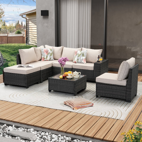JOYURE 7 Pieces Patio Furniture set All-Weather Outdoor Wicker Sectional Conversation Sofa Rattan patio seating sofa with cushion and Glass Table and Ottoman for Porch Poolside,Beige