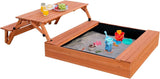 Kids Outdoor Sandbox Wooden Sand Pit with Foldable Picnic Table