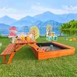 Kids Outdoor Sandbox Wooden Sand Pit with Foldable Picnic Table